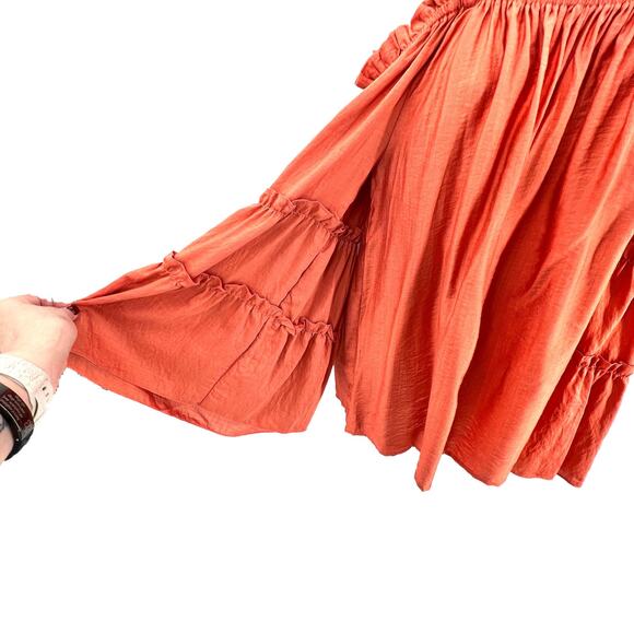 Women's M Off The Shoulder Top Burnt Orange Peasant Boho Prairie Flowy Ruffles - Picture 2 of 8